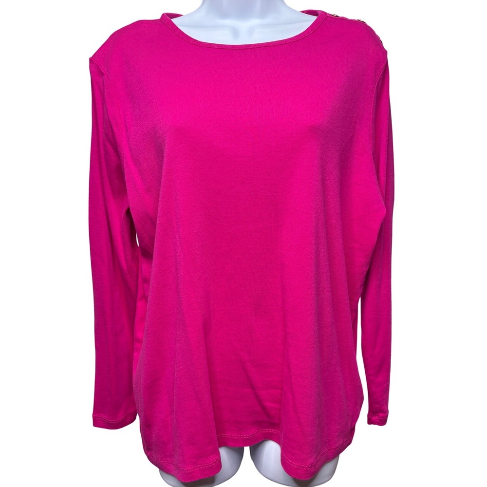 LAUREN RALPH LAUREN Womens Pink Long Sleeve Top 1X Button Shoulder Preppy Girly